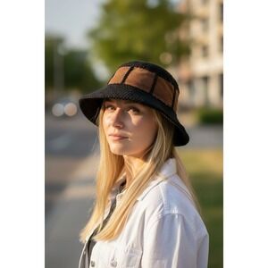 Womens Prana Crochet Bucket Hat Black‎ Brown 100% Acrylic Suede Clean